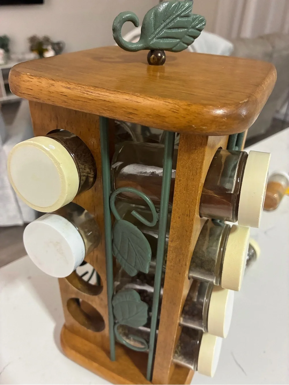 Vintage Wooden Rotating Spice Rack with Leaf Accents and White Lidded Jars